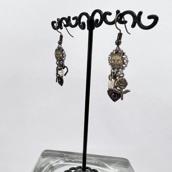 Brass Tone Cat Face & Charm Fishhook Earrings - Picture 3 of 5